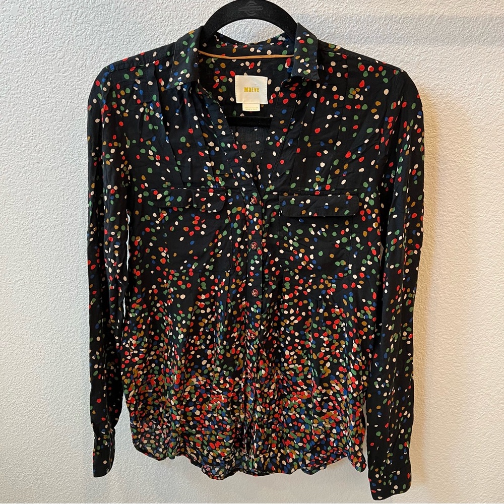 ANTHROPOLOGIE Maeve Wynwood Boho Polka Dot Button Down Blouse